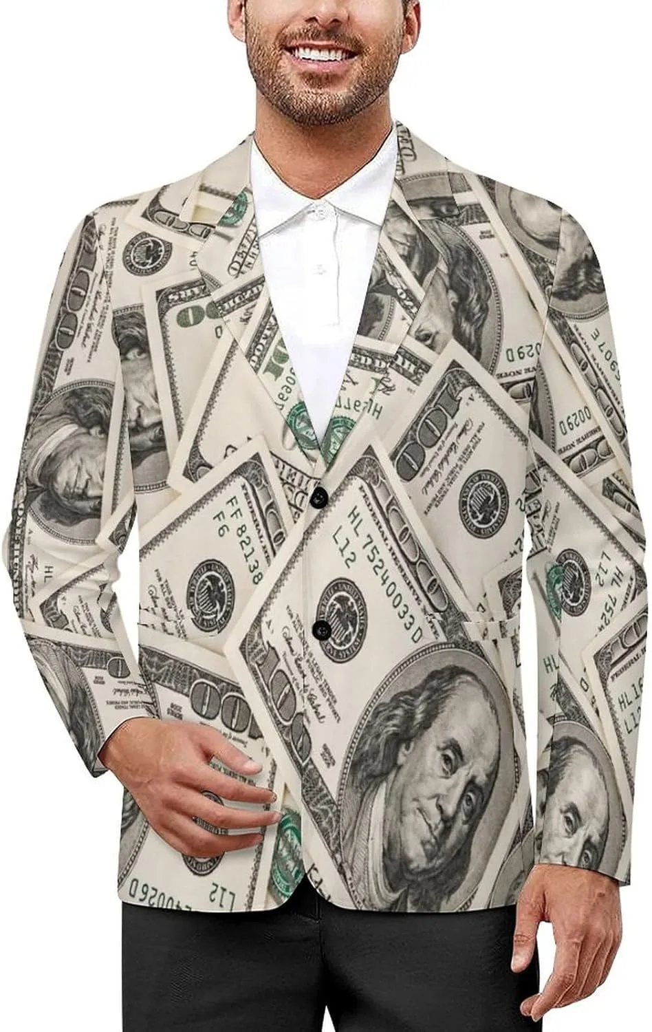 Money American Hundred Dollar Bills Mens Blazer Suit Jacket Lightweight Slim Fit Casual Coat