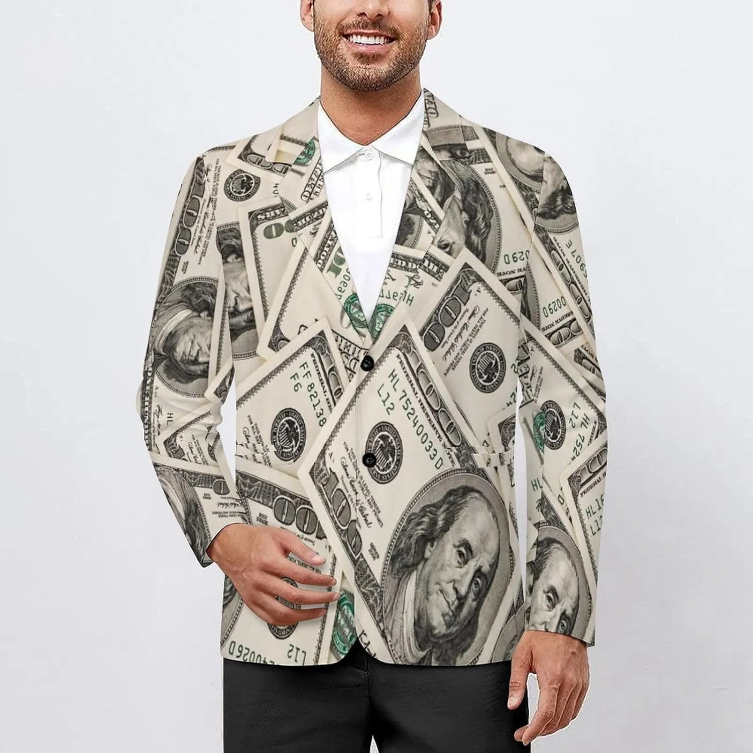 Money American Hundred Dollar Bills Mens Blazer Suit Jacket Lightweight Slim Fit Casual Coat