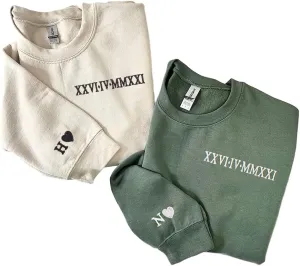 NAZENTI Custom Embroidered Roman Numeral Sweatshirts, Matching Sweatshirts for Couples, Christmas Valentines Gift for Him Her