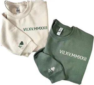 NAZENTI Custom Embroidered Roman Numeral Sweatshirts, Matching Sweatshirts for Couples, Christmas Valentines Gift for Him Her