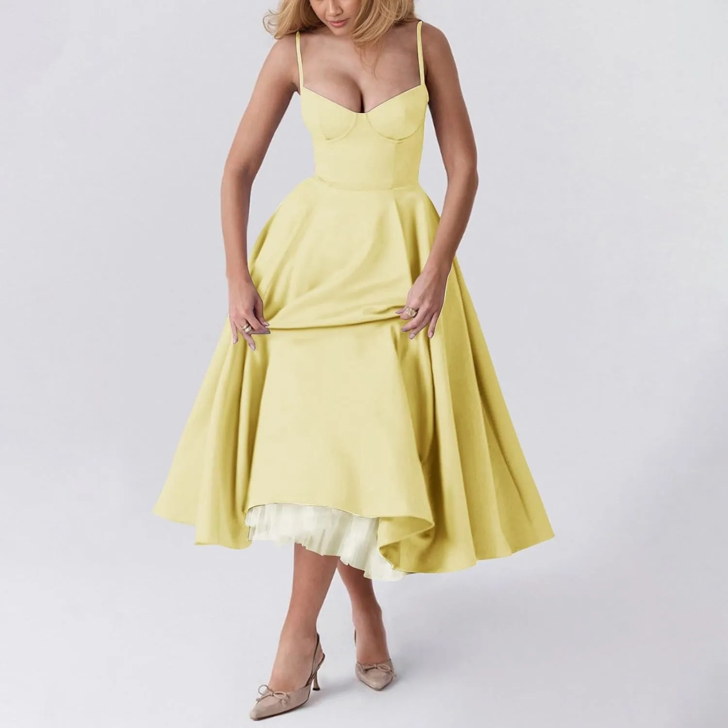 NBXNZWF Women's Corest Dress Spaghetti Strap A-line Drop Waist Midi Dress Flowy Pleated Hem Low Cut Bustier Prom Dresses