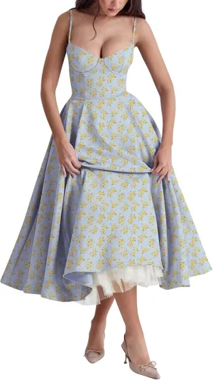 NBXNZWF Women's Corest Dress Spaghetti Strap A-line Drop Waist Midi Dress Flowy Pleated Hem Low Cut Bustier Prom Dresses