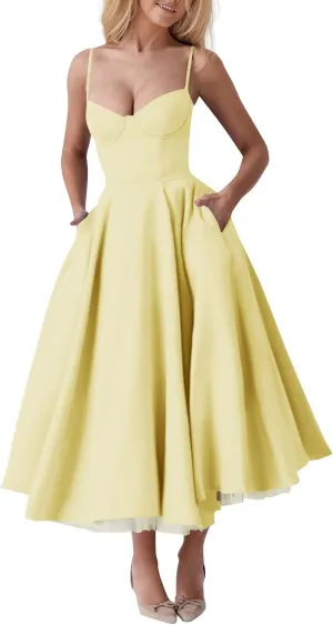 NBXNZWF Women's Corest Dress Spaghetti Strap A-line Drop Waist Midi Dress Flowy Pleated Hem Low Cut Bustier Prom Dresses