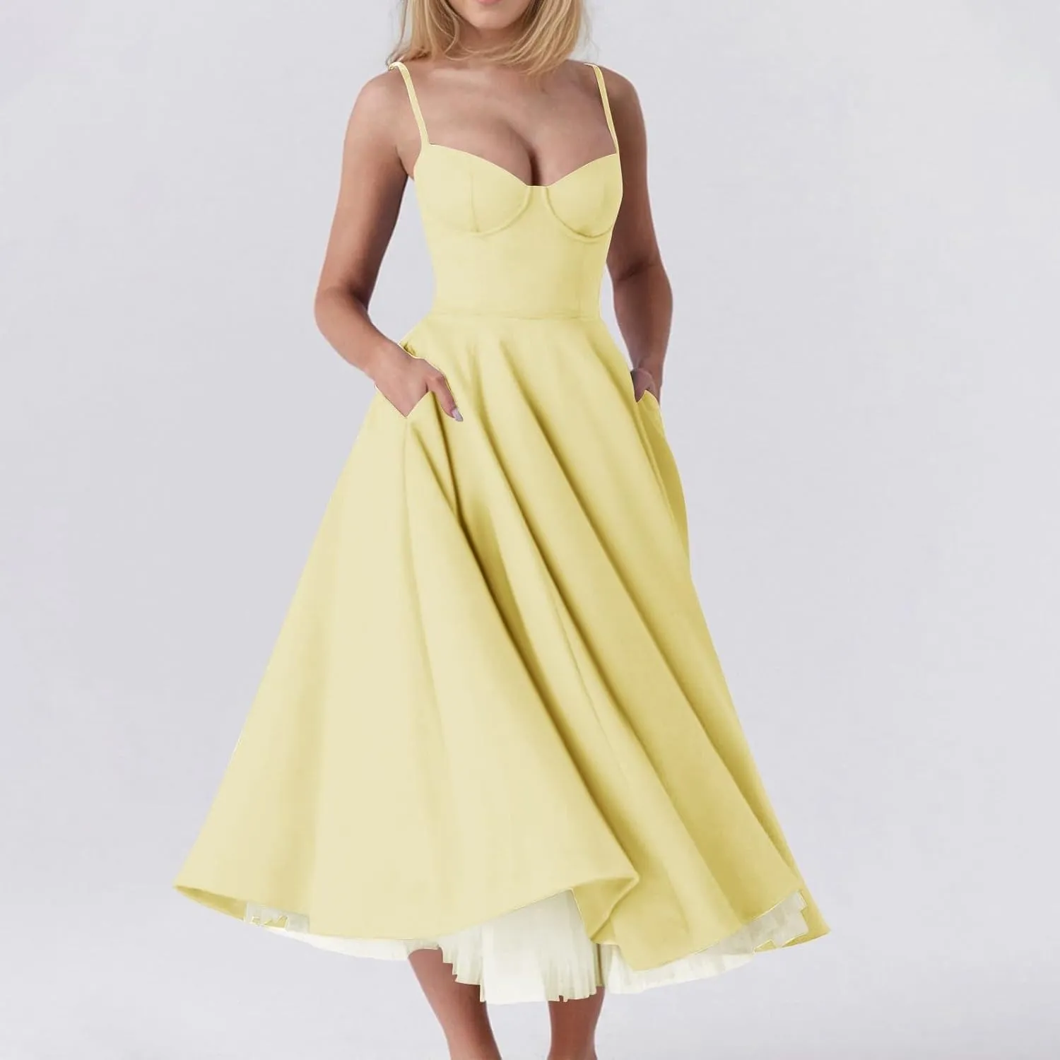 NBXNZWF Women's Corest Dress Spaghetti Strap A-line Drop Waist Midi Dress Flowy Pleated Hem Low Cut Bustier Prom Dresses