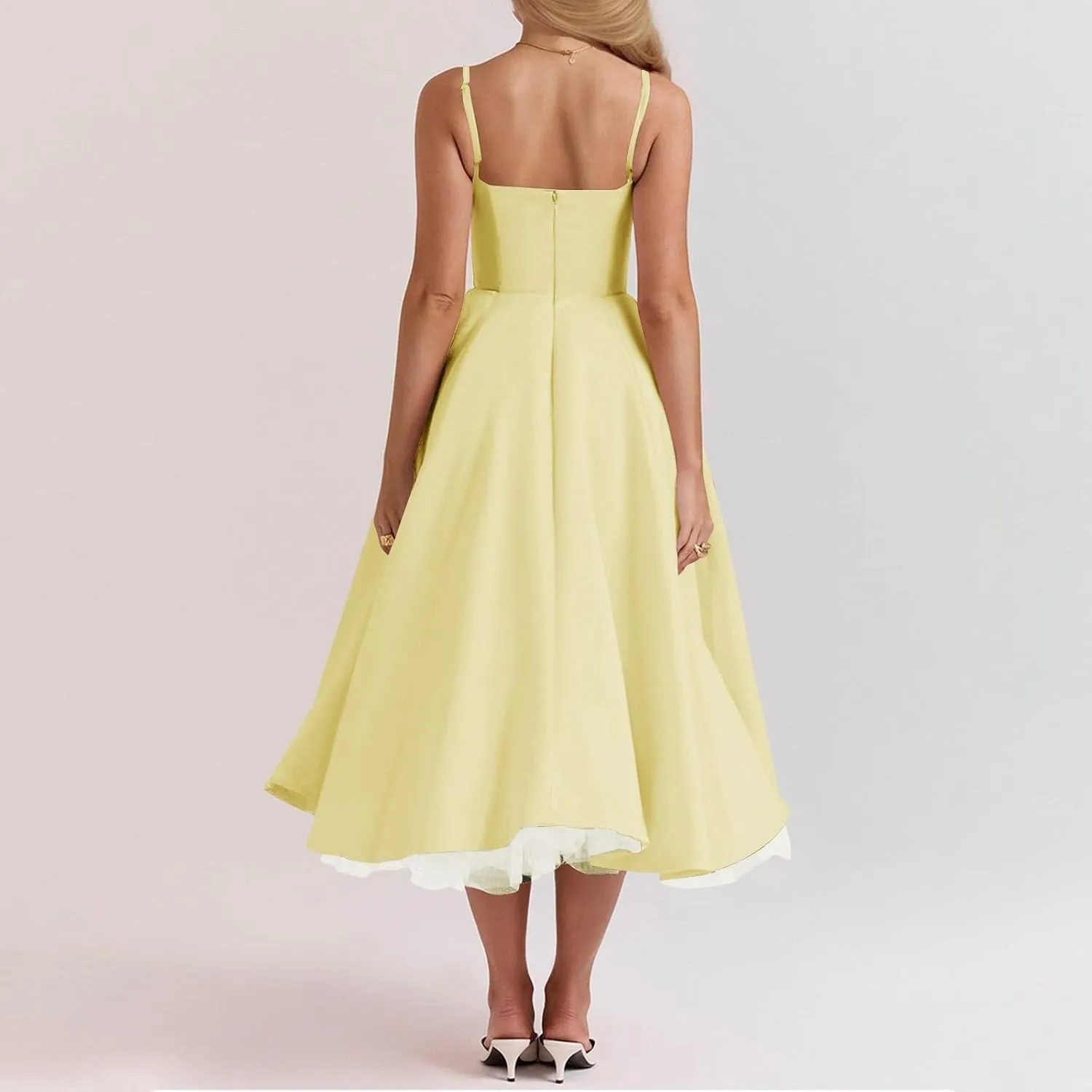 NBXNZWF Women's Corest Dress Spaghetti Strap A-line Drop Waist Midi Dress Flowy Pleated Hem Low Cut Bustier Prom Dresses