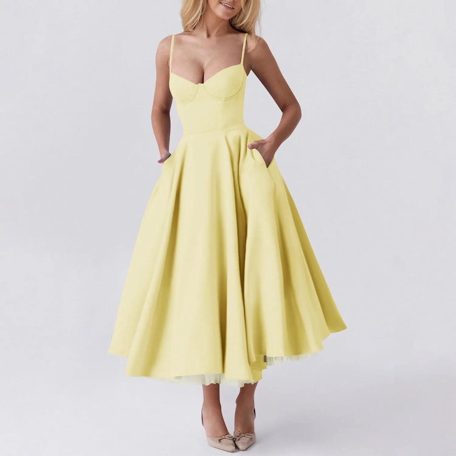 NBXNZWF Women's Corest Dress Spaghetti Strap A-line Drop Waist Midi Dress Flowy Pleated Hem Low Cut Bustier Prom Dresses