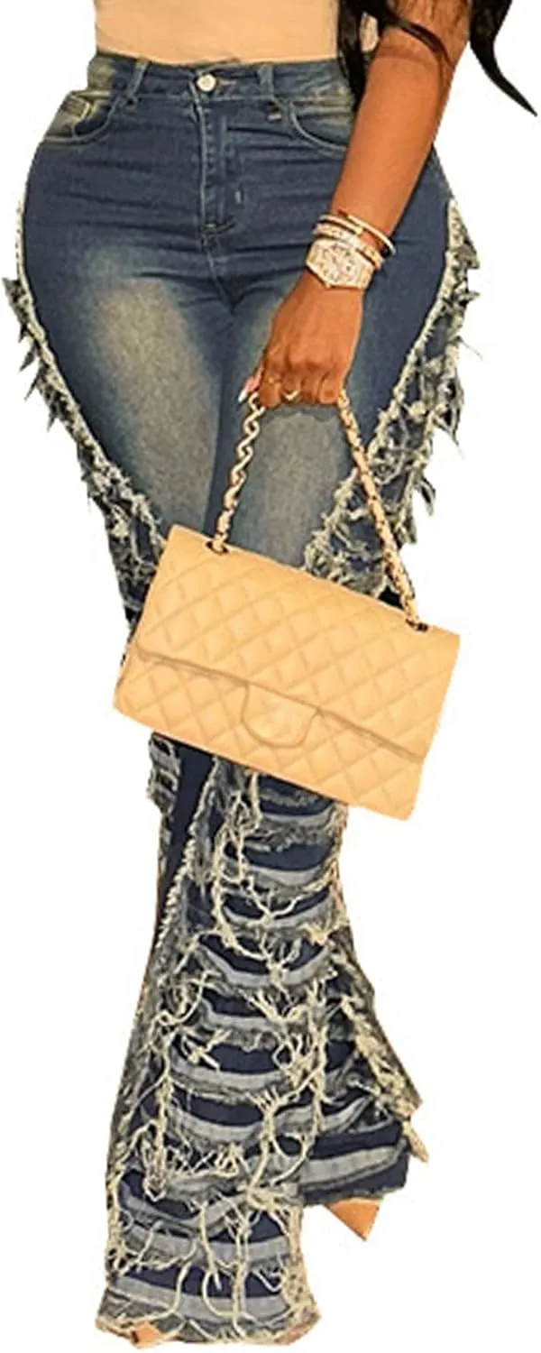NRTHYE High Waisted Flared Jeans Bell Bottom Ripped Distressed Jeans Stretch Skinny Fringe Destroyed Denim Pants