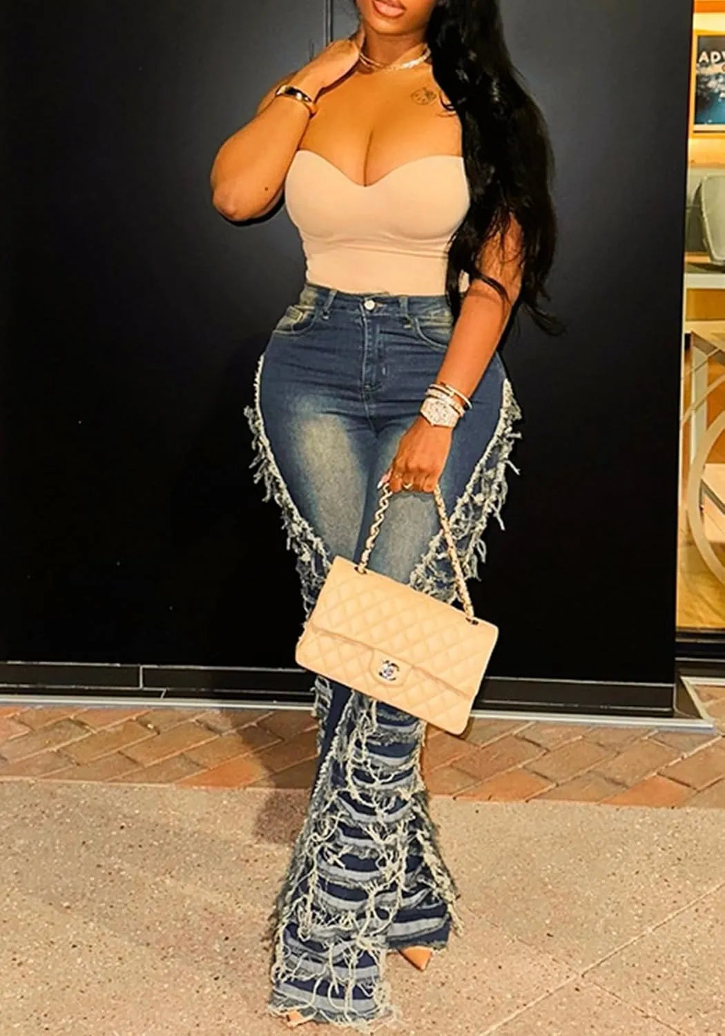 NRTHYE High Waisted Flared Jeans Bell Bottom Ripped Distressed Jeans Stretch Skinny Fringe Destroyed Denim Pants