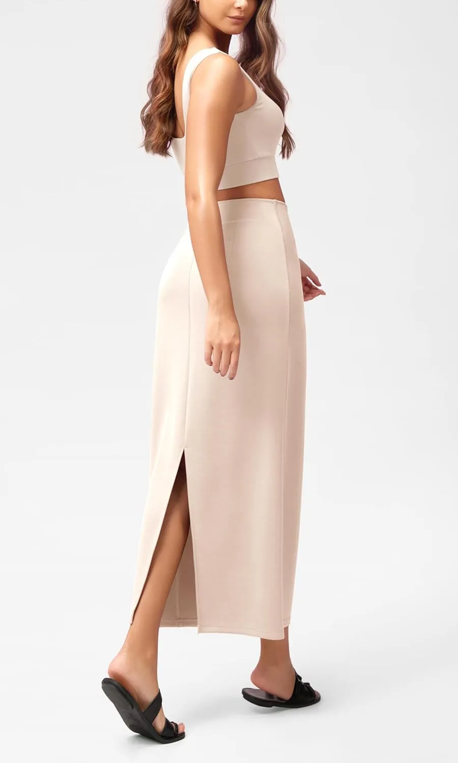 ODODOS Modal Soft Maxi Skirt for Women, Back Slit High Waist Casual Long Pencil Skirts