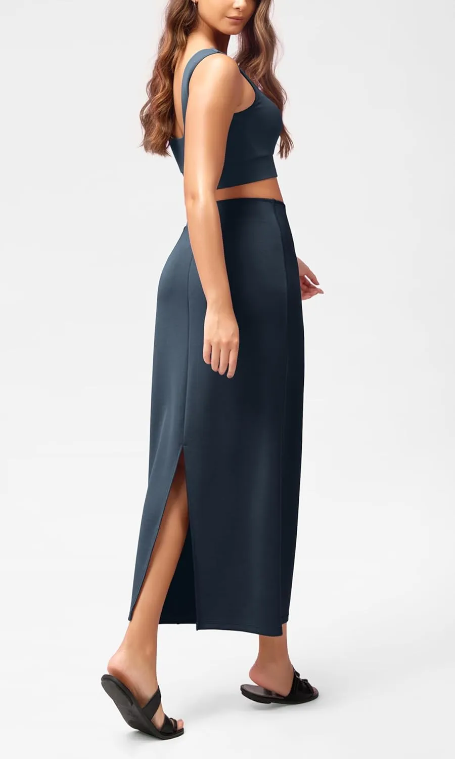 ODODOS Modal Soft Maxi Skirt for Women, Back Slit High Waist Casual Long Pencil Skirts