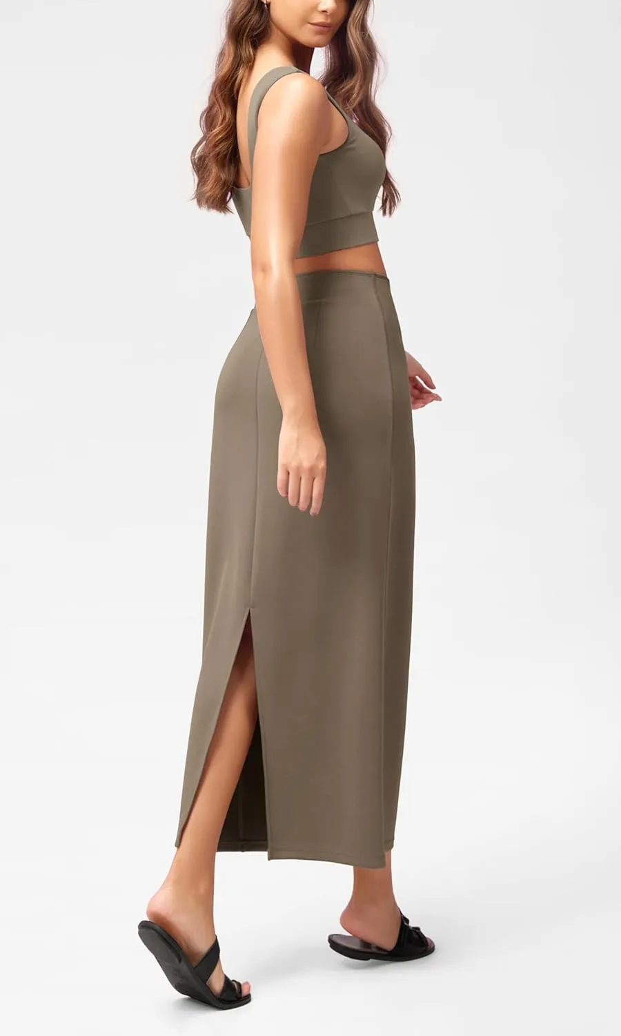 ODODOS Modal Soft Maxi Skirt for Women, Back Slit High Waist Casual Long Pencil Skirts