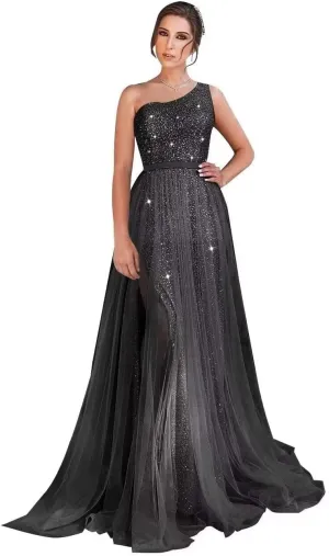 One Shoulder Sequin Long Prom Dresses for Women 2024 Sparkly Tulle High Slit Formal Maxi Evening Dress with Slit