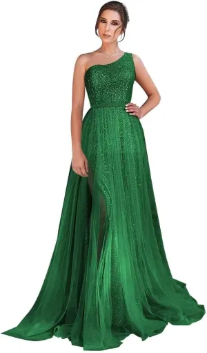 One Shoulder Sequin Long Prom Dresses for Women 2024 Sparkly Tulle High Slit Formal Maxi Evening Dress with Slit