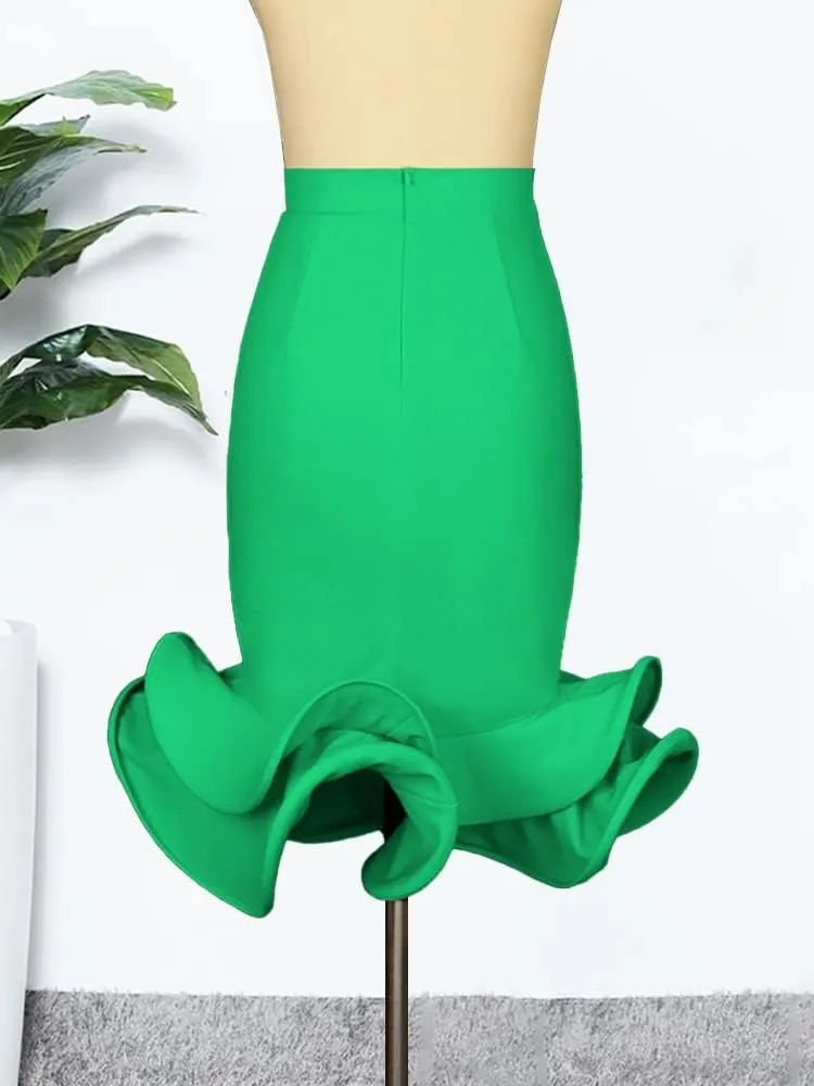 ONTINVA Women's High Waist Bodycon Flare Mermaid Midi Skirt Plus Size