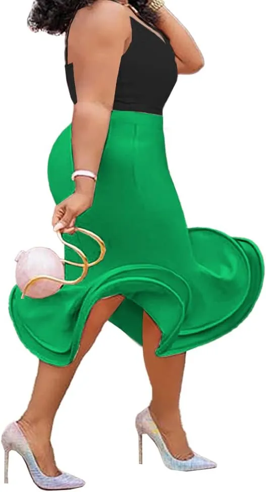 ONTINVA Women's High Waist Bodycon Flare Mermaid Midi Skirt Plus Size