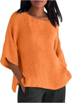 Oversized Cotton Linen Shirts for Women 2023 Summer Casual Half Sleeve Crewneck Tunic Tops Loose Comfy Basic Blouse