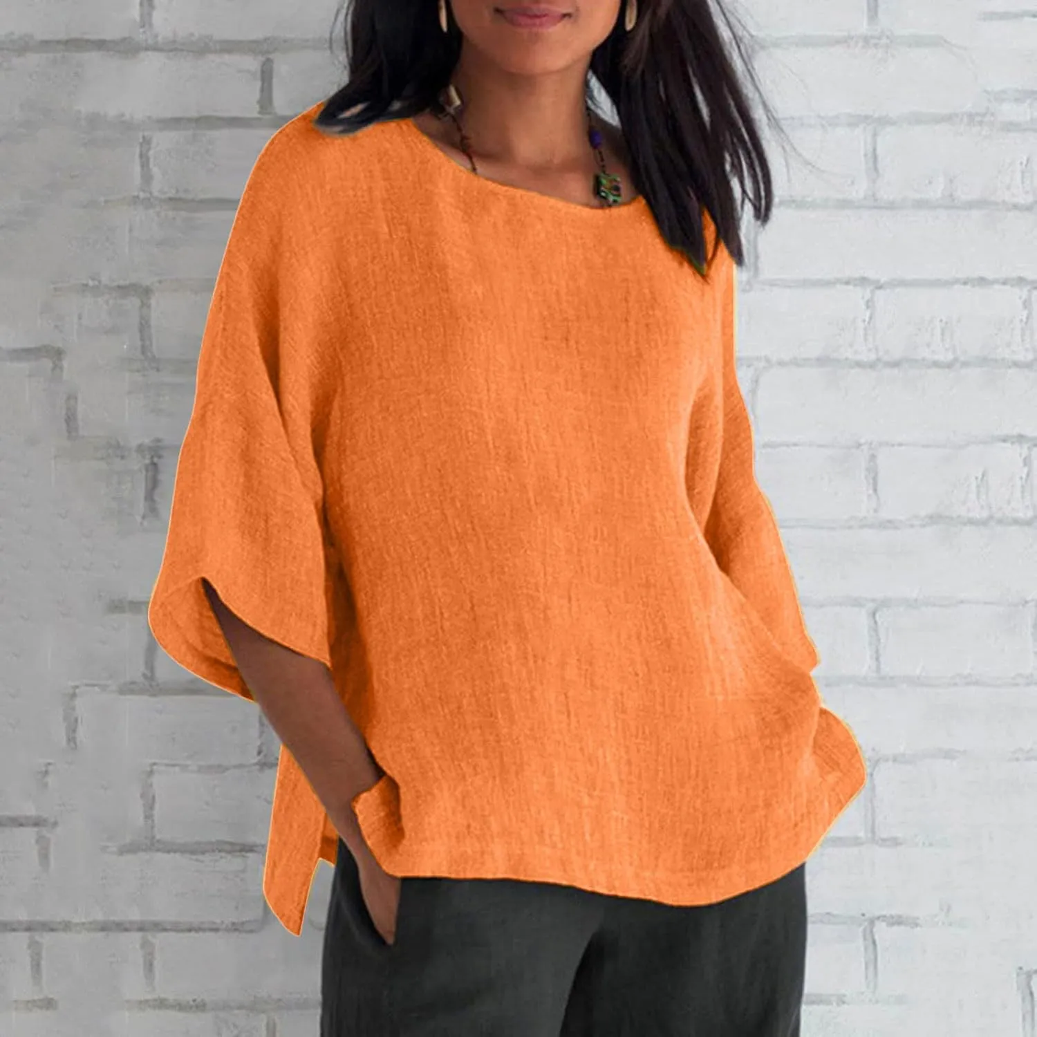 Oversized Cotton Linen Shirts for Women 2023 Summer Casual Half Sleeve Crewneck Tunic Tops Loose Comfy Basic Blouse