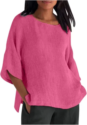 Oversized Cotton Linen Shirts for Women 2023 Summer Casual Half Sleeve Crewneck Tunic Tops Loose Comfy Basic Blouse