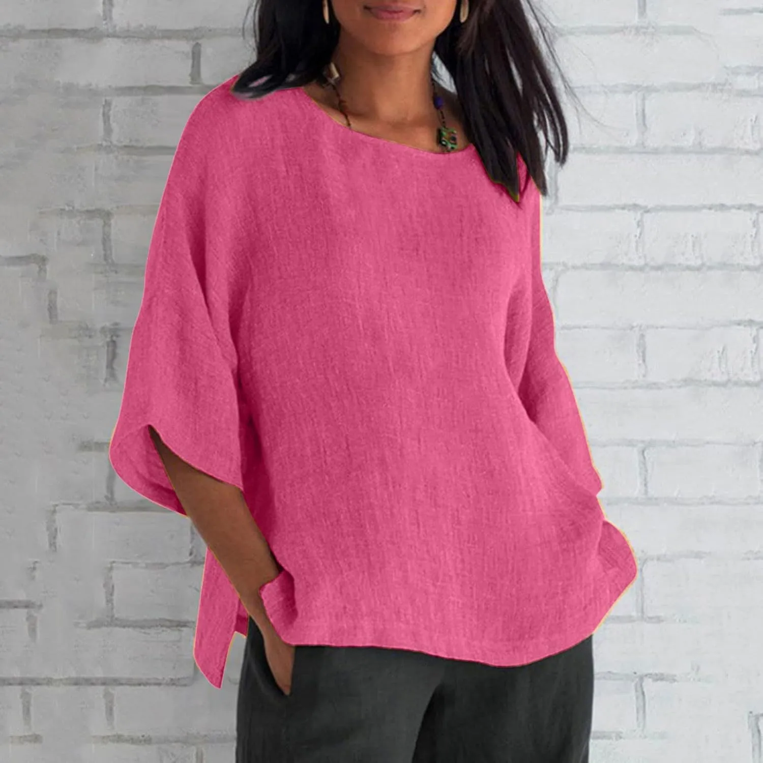 Oversized Cotton Linen Shirts for Women 2023 Summer Casual Half Sleeve Crewneck Tunic Tops Loose Comfy Basic Blouse