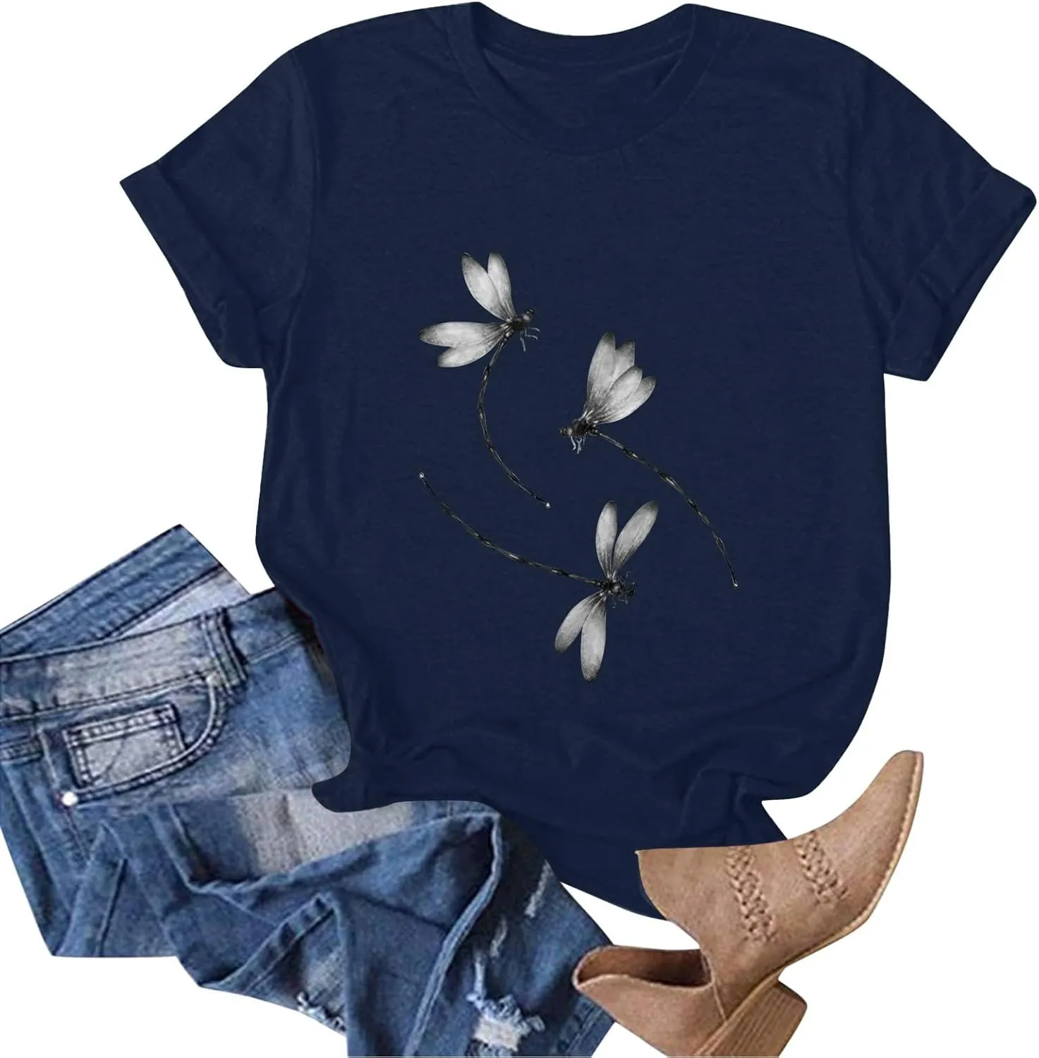 Oversized Graphic Tee Shirts for Women Casual Summer Funny Dragonfly Printed Short Sleeve Loose Crewneck Cute T Shirts Tops