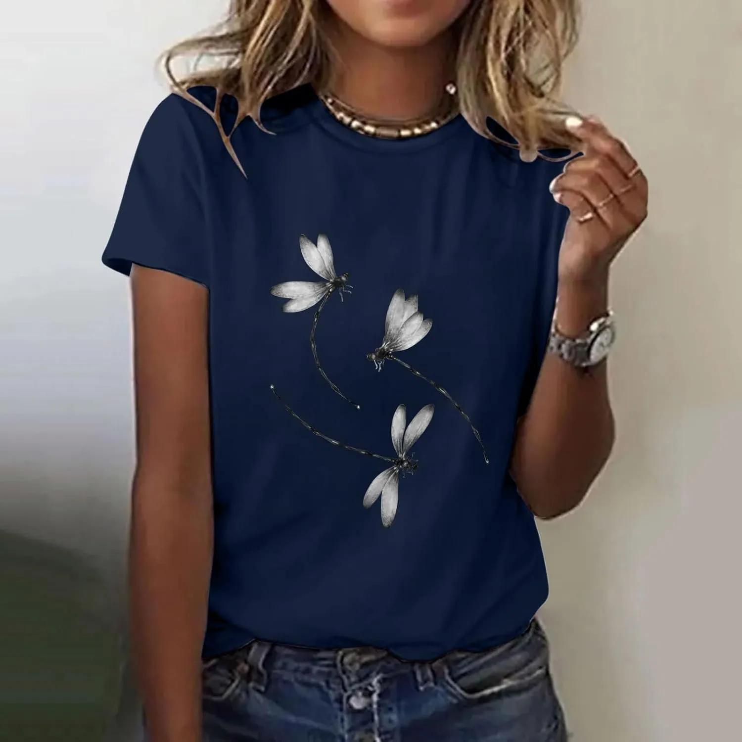Oversized Graphic Tee Shirts for Women Casual Summer Funny Dragonfly Printed Short Sleeve Loose Crewneck Cute T Shirts Tops