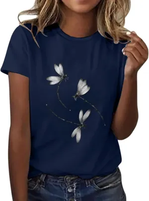 Oversized Graphic Tee Shirts for Women Casual Summer Funny Dragonfly Printed Short Sleeve Loose Crewneck Cute T Shirts Tops