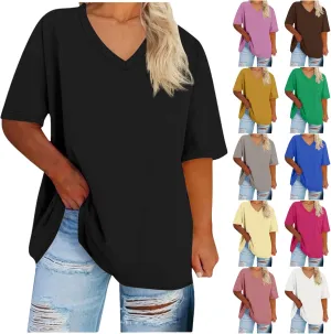 Oversized Tshirts for Women Summer Short Sleeve Tops Plus Size V Neck Blouse Casual Solid Color Shirts Loose Fit Tops