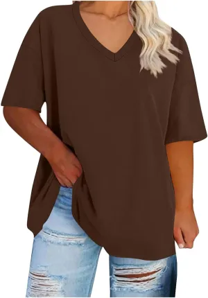 Oversized Tshirts for Women Summer Short Sleeve Tops Plus Size V Neck Blouse Casual Solid Color Shirts Loose Fit Tops