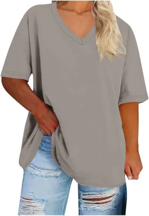 Oversized Tshirts for Women Summer Short Sleeve Tops Plus Size V Neck Blouse Casual Solid Color Shirts Loose Fit Tops