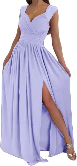 Party Dresses for Women Wrap Sleeveless Lace Strap Maxi Dress V-Neck Ruched Sexy Hem Slit Wedding Guest Dresses