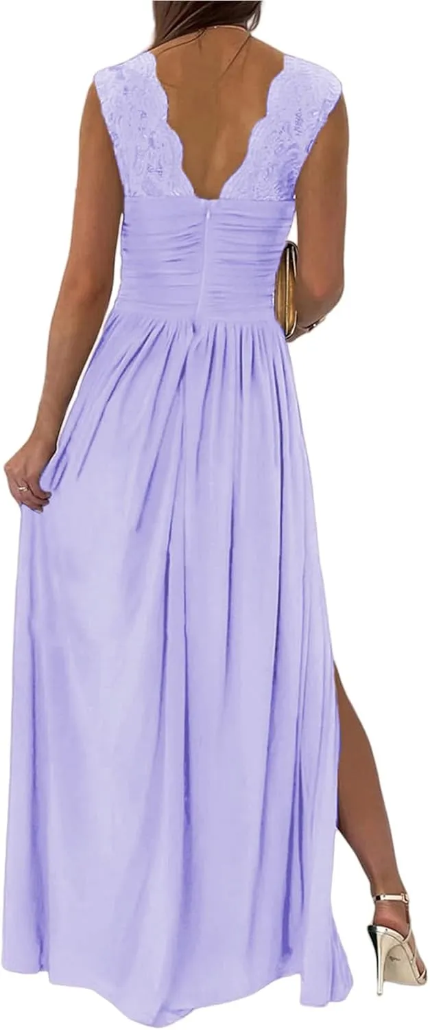 Party Dresses for Women Wrap Sleeveless Lace Strap Maxi Dress V-Neck Ruched Sexy Hem Slit Wedding Guest Dresses