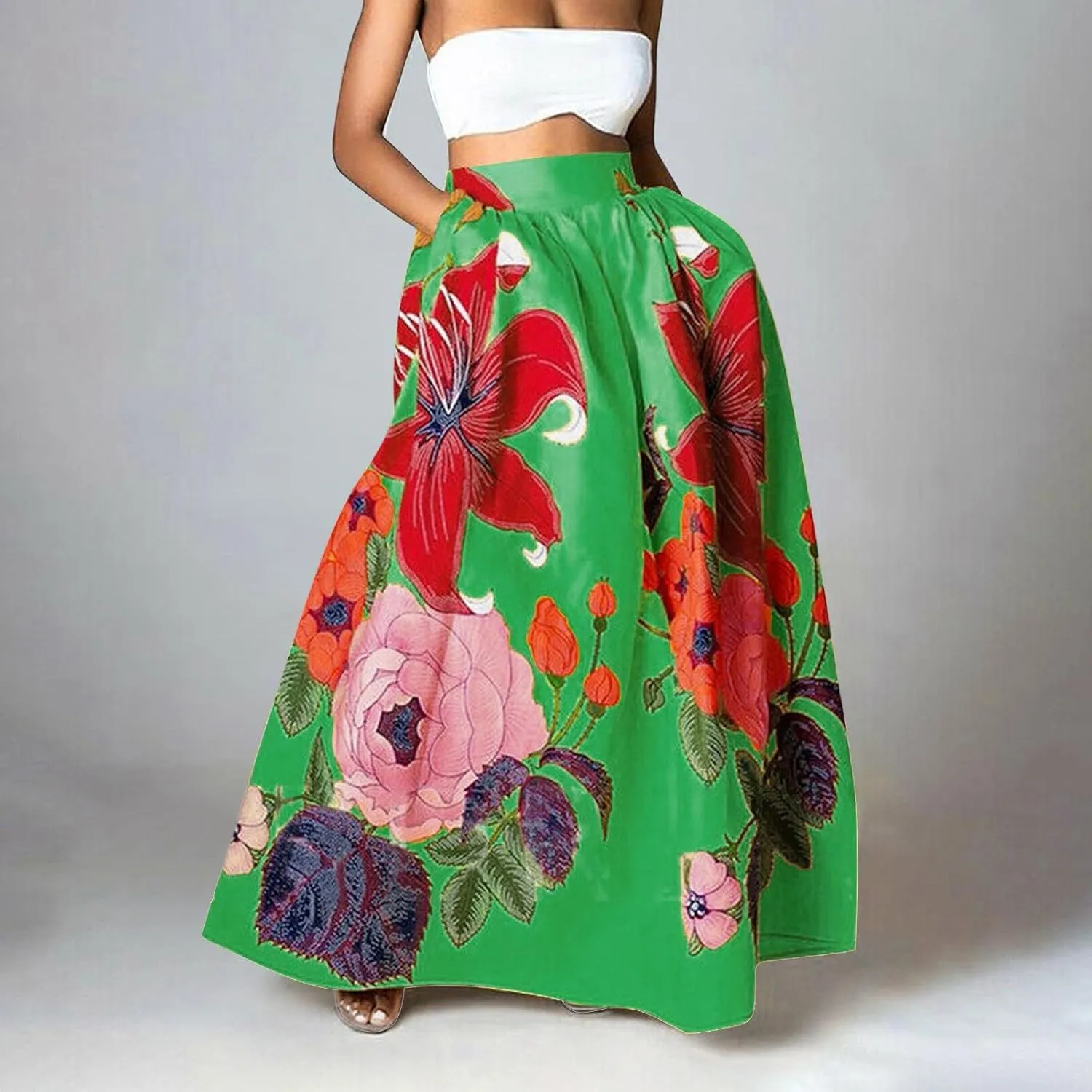 Pencil Skirt for Women Tummy Control High Waist Maxi Skirt Casual Loose Flowy Boho Party Long Women's Skirts with Pocket