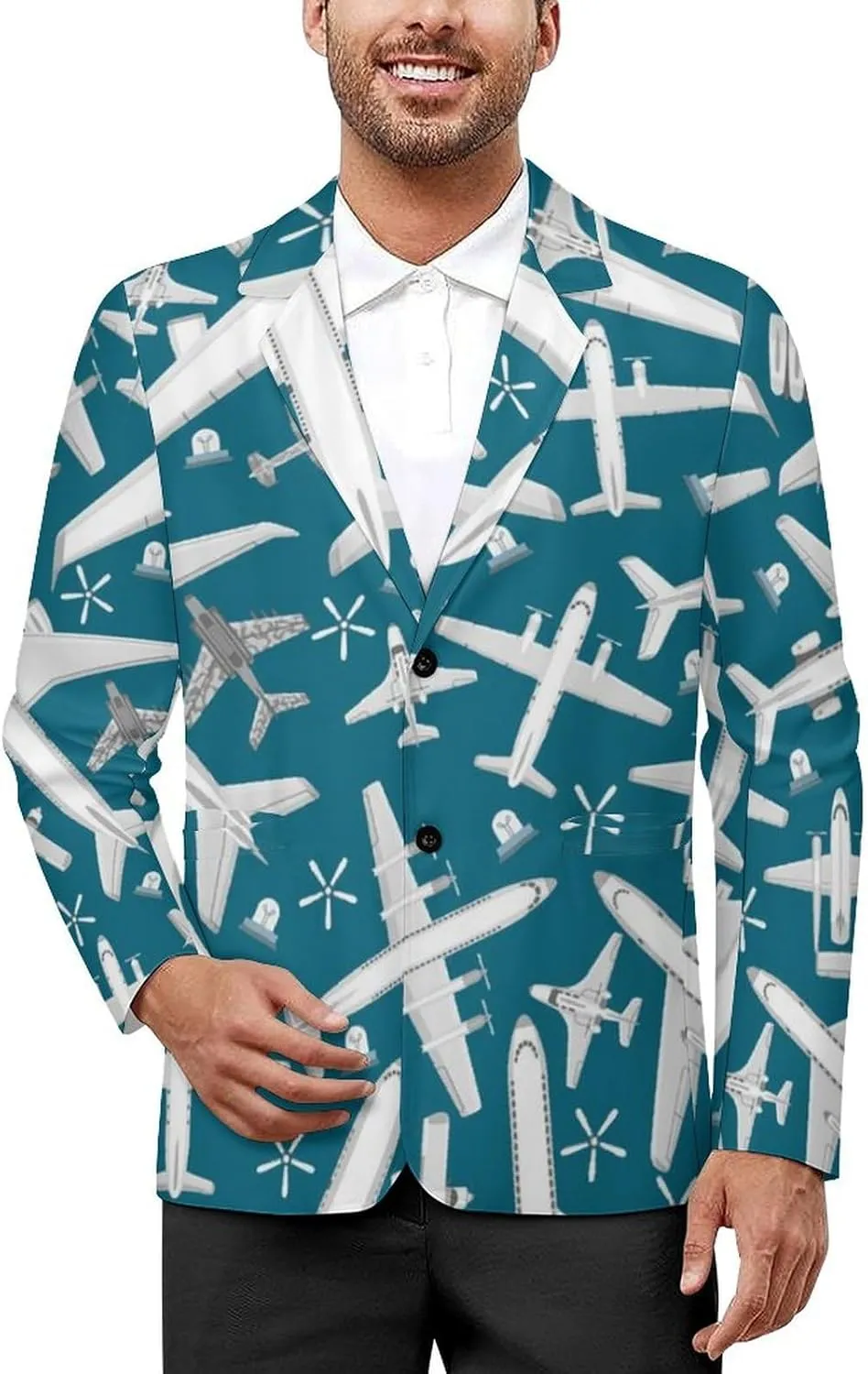 Plane Pattern Aircraft Airplane Jet Mens Blazer Suit Jacket Lightweight Slim Fit Casual Coat