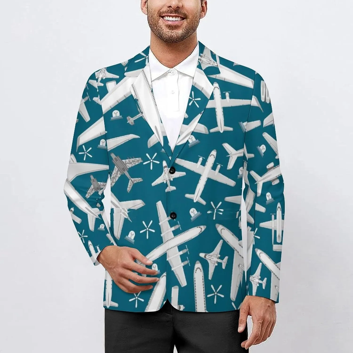 Plane Pattern Aircraft Airplane Jet Mens Blazer Suit Jacket Lightweight Slim Fit Casual Coat