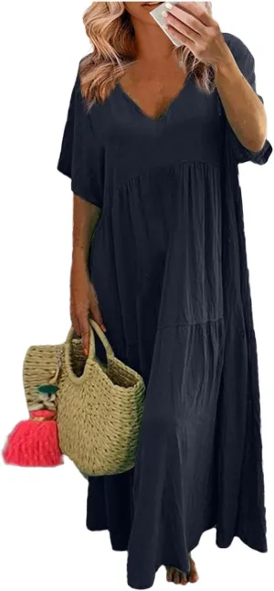 Plus Size Dresses for Curvy Women 2025 Summer Plus Size Linen Dress Casual Short Sleeve T-Shirt Dress with Pockets