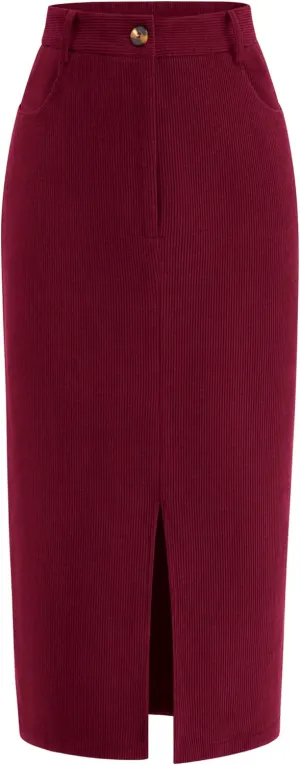 PRETTYGARDEN Women's Fall Midi Pencil Skirts Dressy Casual Work Office High Waisted Trendy Winter Corduroy Skirt with Slit