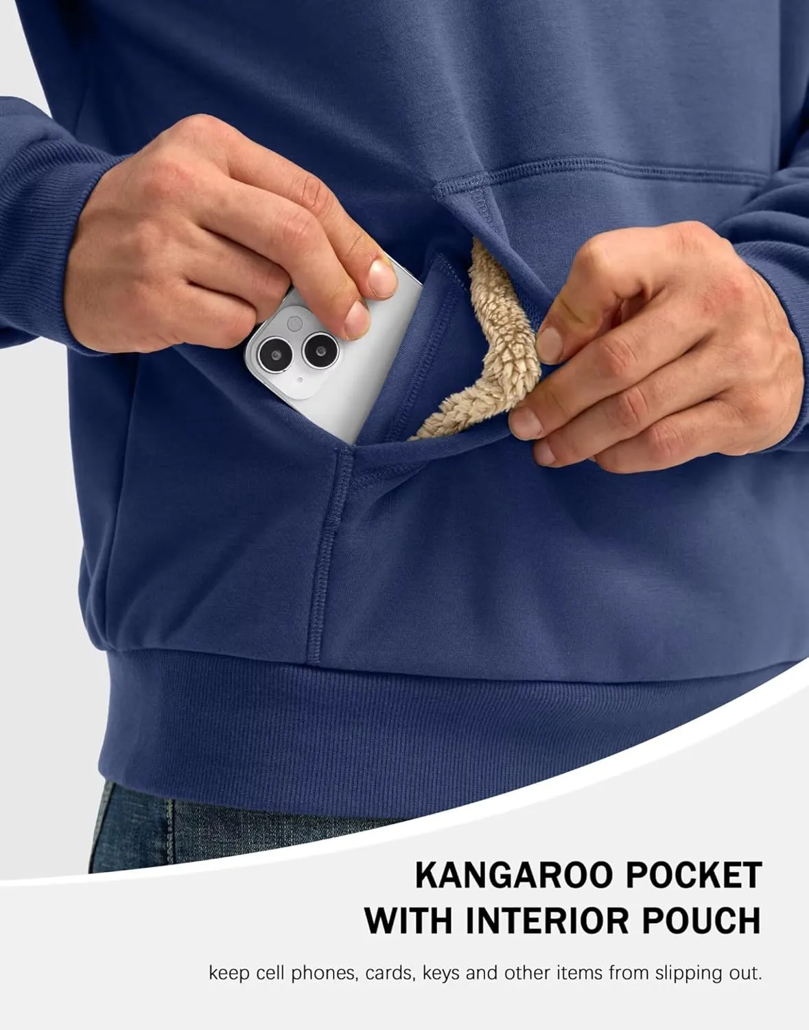 Pudolla Men's Sherpa Lined Sweatshirts Warm Soft Crewneck Sweatshirts Heavyweight Winter Pullover Kangaroo with Pouch Pocket