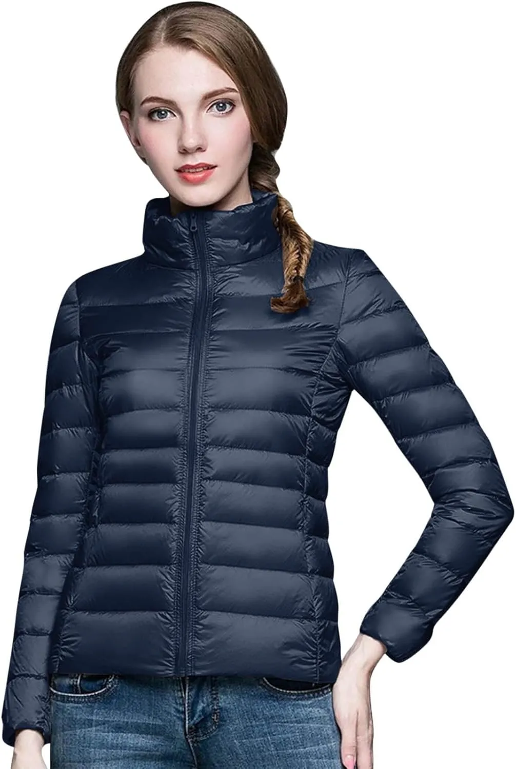 Puffer Jacket for Women Full-Zip Short Windproof Down Jacket Winter Thermal Lightweight Puffer Coat with Pockets
