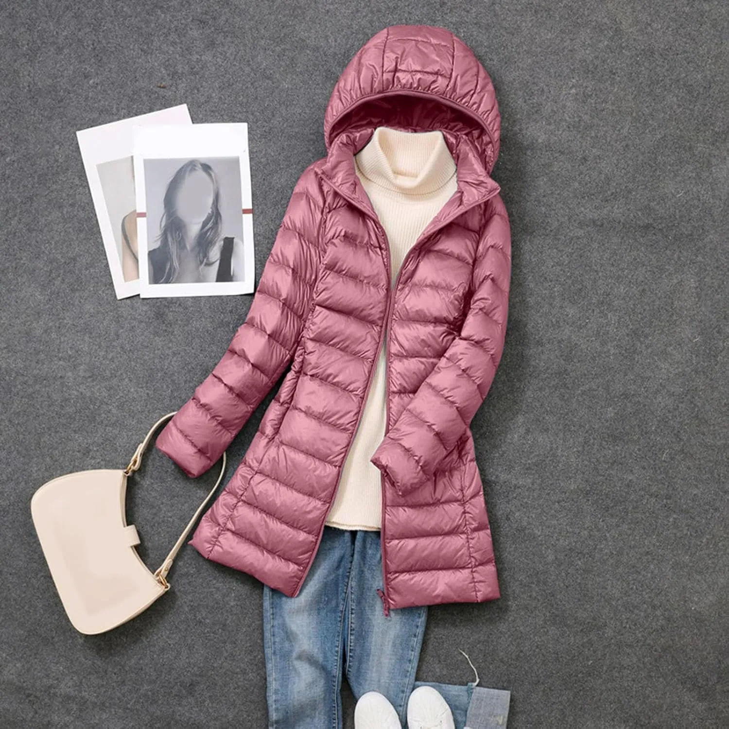 Puffer Jacket for Women Full-Zip Solid Mid Long Packable Down Jacket Winter Warm Travel Light Insulated Puffer Coat