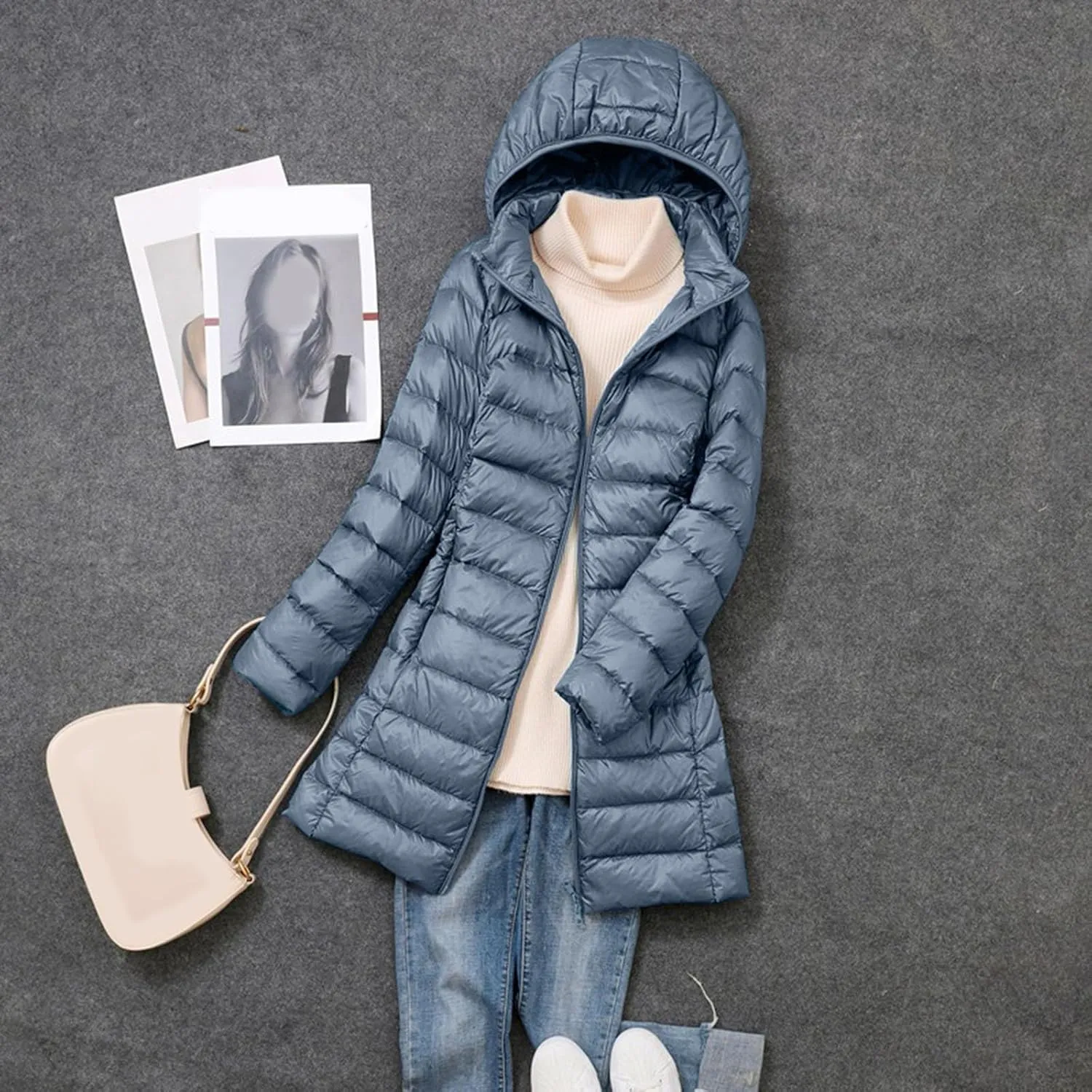 Puffer Jacket for Women Full-Zip Solid Mid Long Packable Down Jacket Winter Warm Travel Light Insulated Puffer Coat