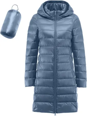 Puffer Jacket for Women Full-Zip Solid Mid Long Packable Down Jacket Winter Warm Travel Light Insulated Puffer Coat