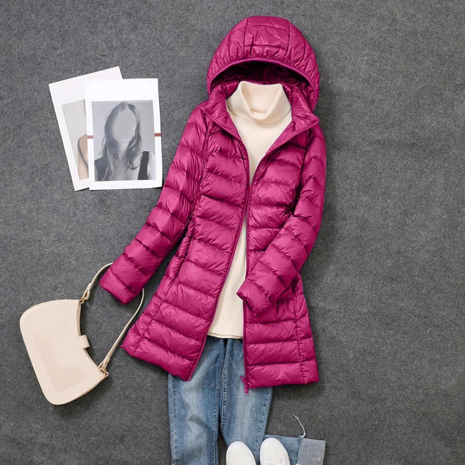 Puffer Jacket for Women Travel Full-Zip Mid Long Outwear Down Light Insulated Jacket Winter Warm Solid Puffer Coat