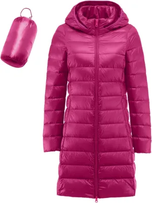 Puffer Jacket for Women Travel Full-Zip Mid Long Outwear Down Light Insulated Jacket Winter Warm Solid Puffer Coat