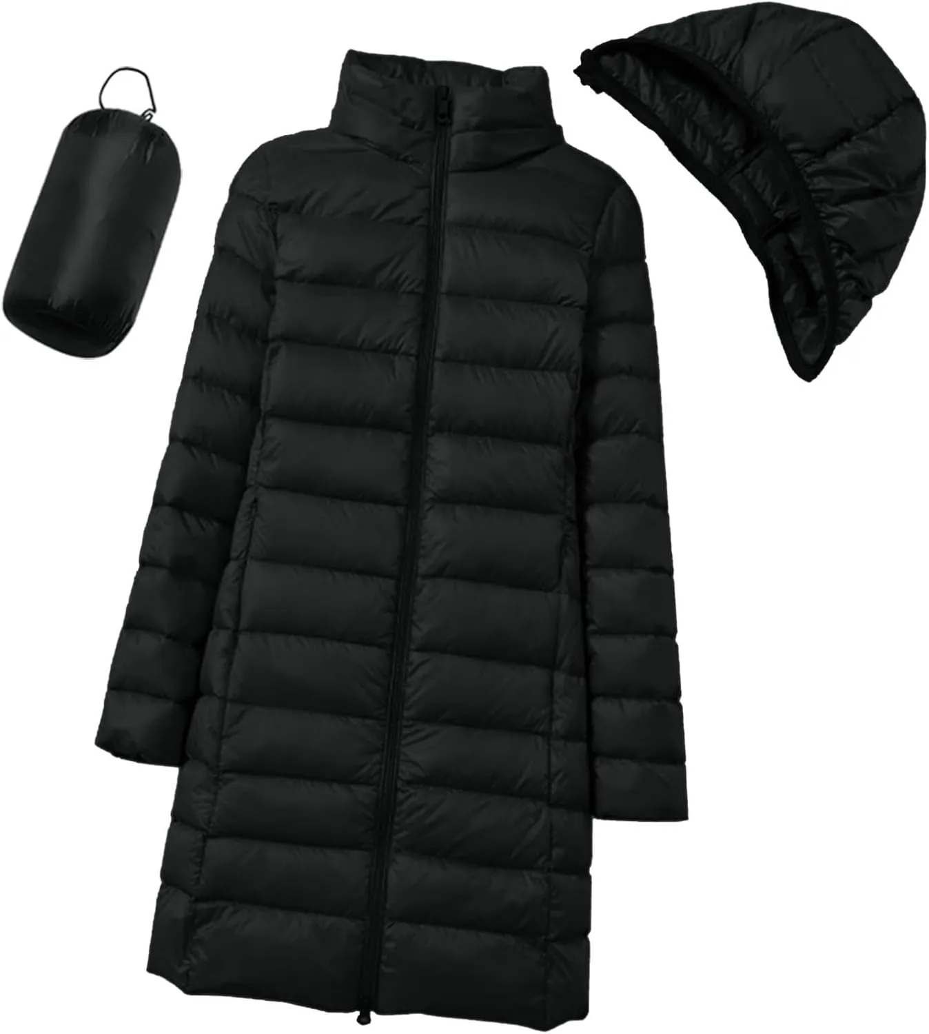 Puffer Jacket for Women Travel Full-Zip Mid Long Outwear Down Light Insulated Jacket Winter Warm Solid Puffer Coat