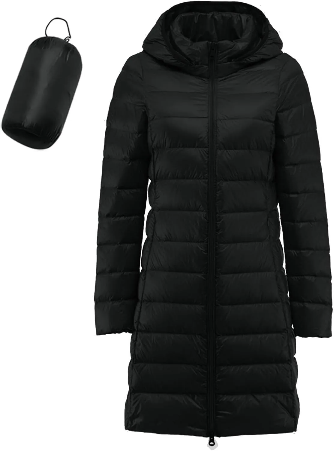 Puffer Jacket for Women Travel Full-Zip Mid Long Outwear Down Light Insulated Jacket Winter Warm Solid Puffer Coat