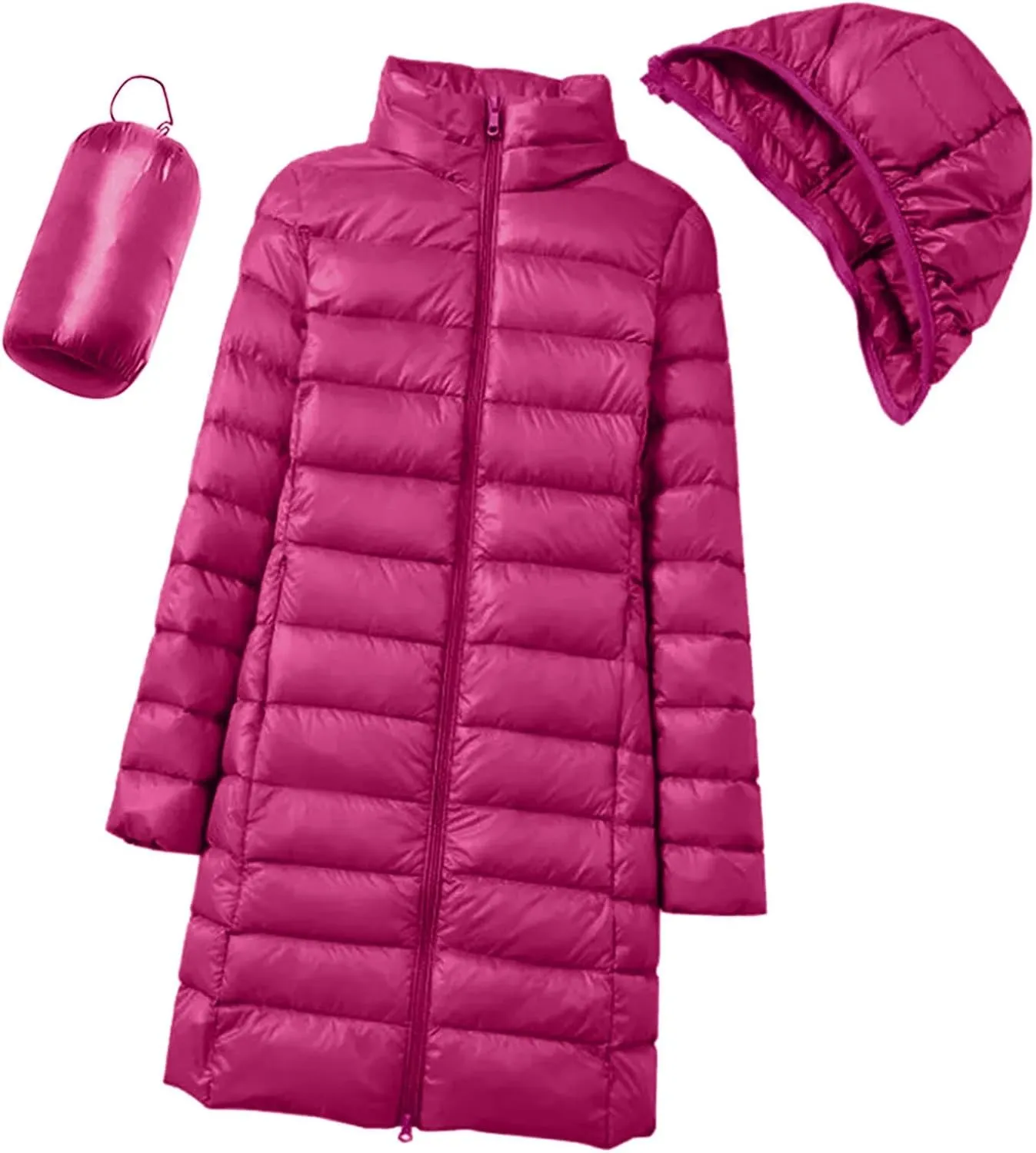 Puffer Jacket for Women Travel Full-Zip Mid Long Outwear Down Light Insulated Jacket Winter Warm Solid Puffer Coat