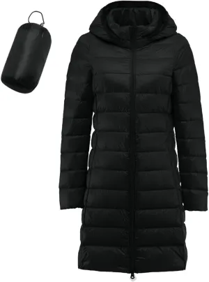 Puffer Jacket for Women Travel Full-Zip Mid Long Outwear Down Light Insulated Jacket Winter Warm Solid Puffer Coat