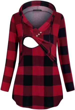 Quinee Women's Long Sleeve Plaid Colorblock Nursing Pullover Hoodie Sweatshirts