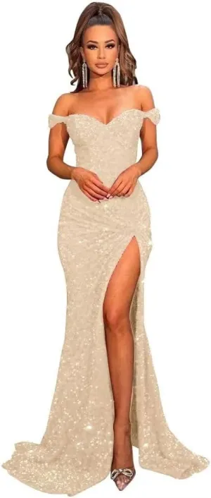RSOETOO Sparkly Prom Dresses with Slit Long Mermaid Sequin Dress Off The Shoulder Ball Gowns Dress for Women RO032