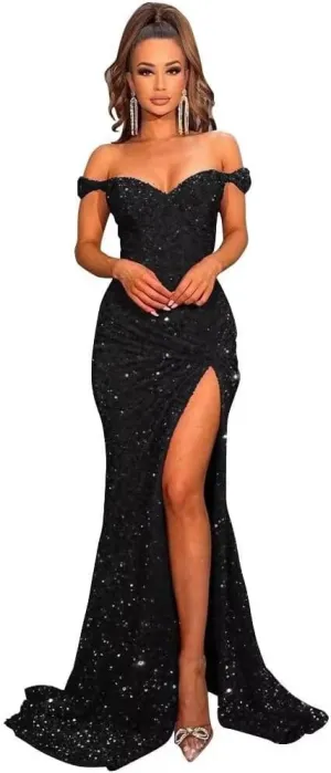 RSOETOO Sparkly Prom Dresses with Slit Long Mermaid Sequin Dress Off The Shoulder Ball Gowns Dress for Women RO032